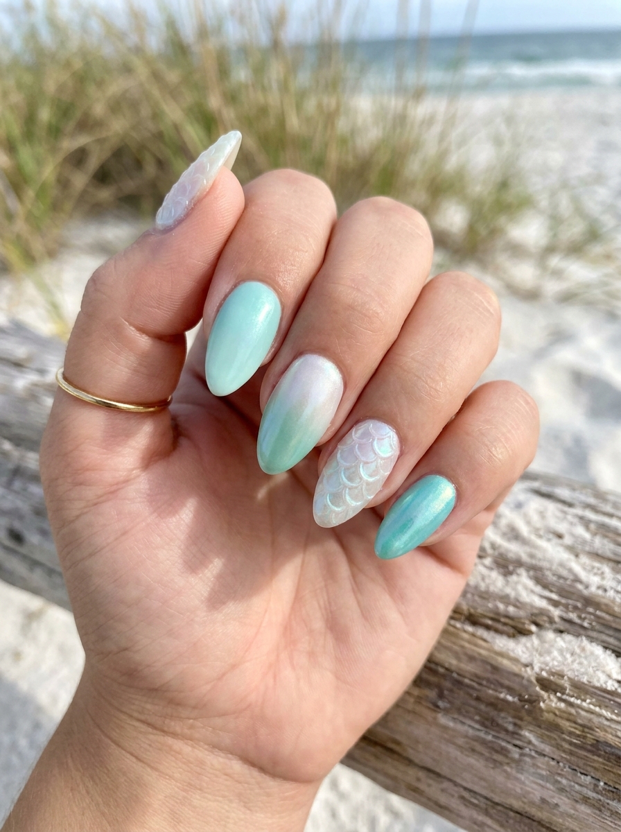 Mermaid Tail Detail Nails mit feinen Meerjungfrauen-Flossenakzenten